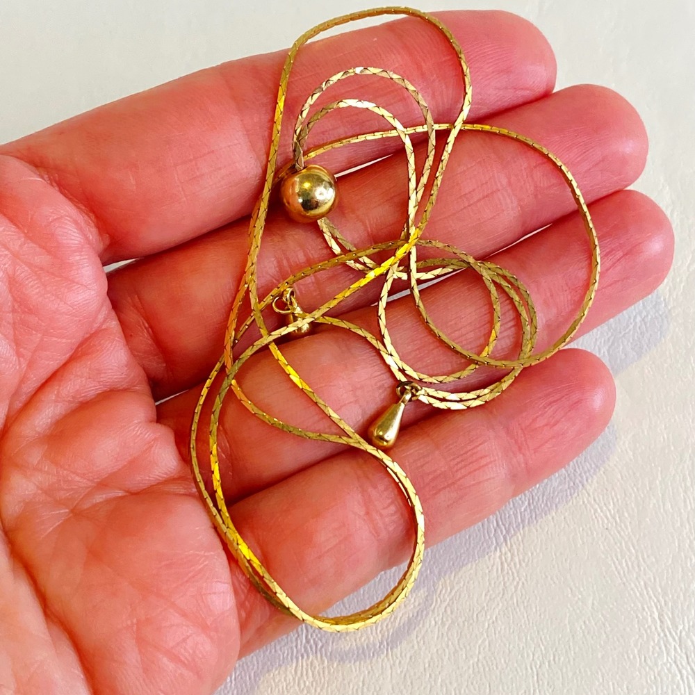 Vintage Gold Tone Slide Lariat Necklace Adjustable Dainty Snake Chain Teardrop - Picture 8 of 8